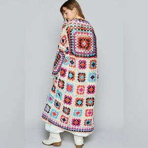 New! Pol Gorgeous Boho Multi Colored Crochet Patchwork Sweater Coat